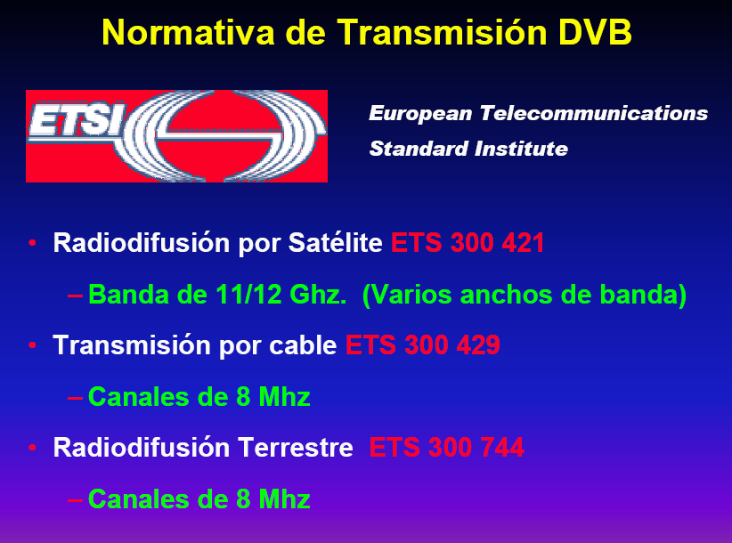 DVB Utiliza multiplexado por división ortogonal de frecuencia (COFDM) con 1705 (2K) o 6817 (8K) portadoras.