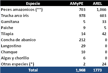 policultivo de peces amazónicos con 703 derechos, concha de abanico con 212 derechos, langostino con 29 derechos, chanque (Concholepas concholepas) con 10 derechos. Cuadro Nº 3.