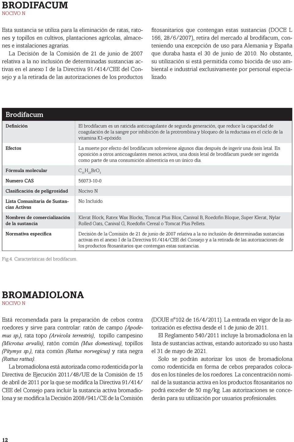 autorizaciones de los productos fitosanitarios que contengan estas sustancias (DOCE L 166, 28/6/2007), retira del mercado al brodifacum, conteniendo una excepción de uso para Alemania y España que