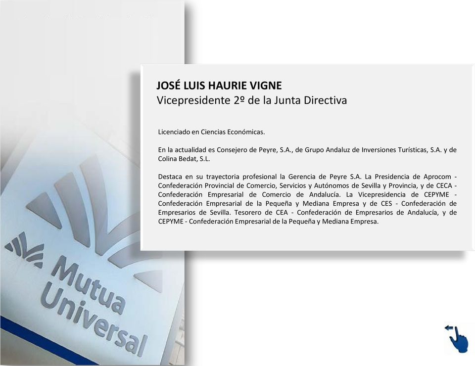 La Vicepresidencia de CEPYME - Confederación Empresarial de la Pequeña y Mediana Empresa y de CES - Confederación de Empresarios de Sevilla.