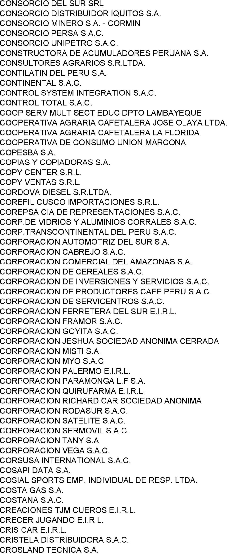 COOPERATIVA AGRARIA CAFETALERA LA FLORIDA COOPERATIVA DE CONSUMO UNION MARCONA COPESBA S.A. COPIAS Y COPIADORAS S.A. COPY CENTER S.R.L. COPY VENTAS S.R.L. CORDOVA DIESEL S.R.LTDA.