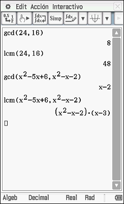 - Funciones máximo común divisor y mínimo común múltiplo corresponden a las expresiones gcd y lcm, respectivamente. Pueden utilizarse con argumentos numéricos o polinómicos.