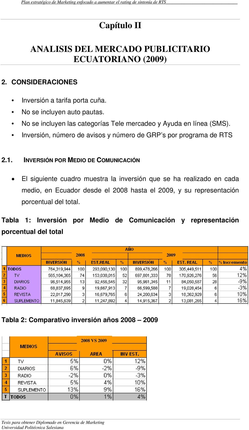 INVERSIÓN POR MEDIO DE COMUNICACIÓN El siguiente cuadro muestra la inversión que se ha realizado en cada medio, en Ecuador desde el 2008 hasta el 2009, y su