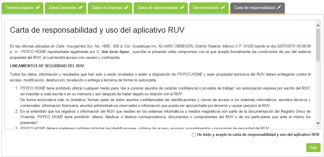 Carga de Documentos Se mostrará la carta de responsabilidad y uso de los aplicativos RUV para su