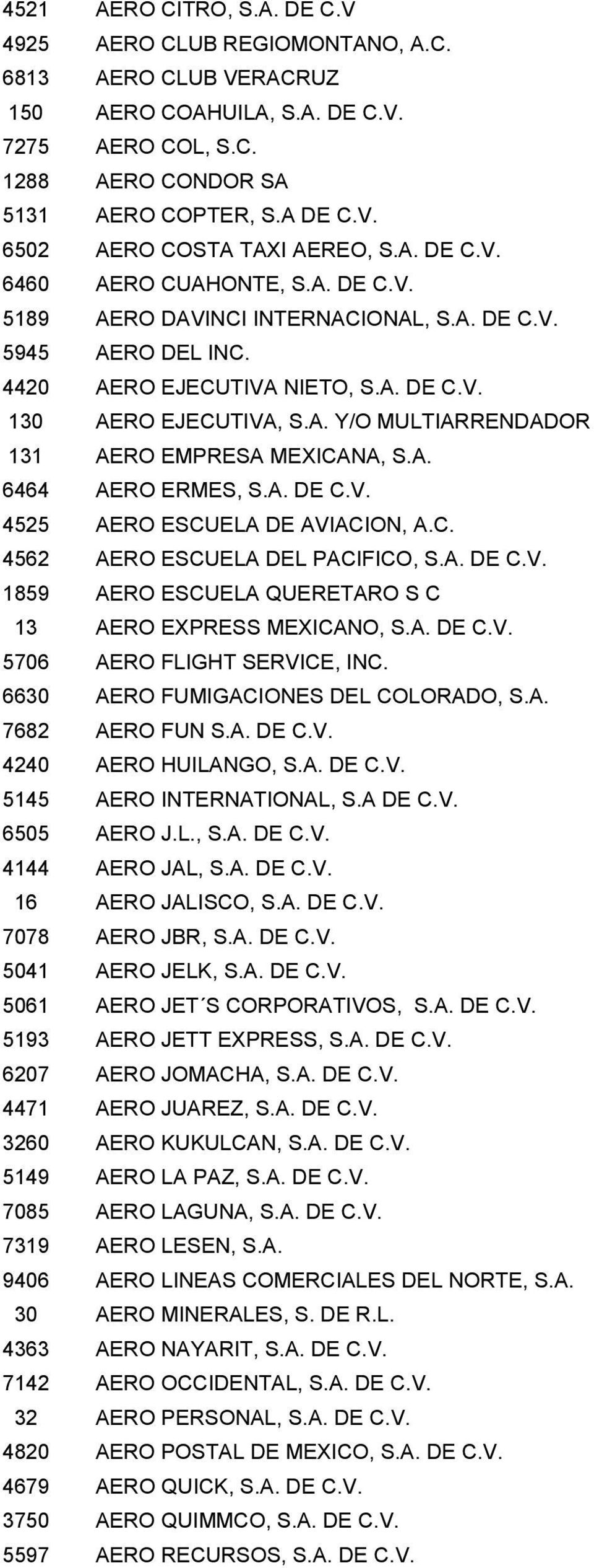 A. 6464 AERO ERMES, S.A. DE C.V. 4525 AERO ESCUELA DE AVIACION, A.C. 4562 AERO ESCUELA DEL PACIFICO, S.A. DE C.V. 1859 AERO ESCUELA QUERETARO S C 13 AERO EXPRESS MEXICANO, S.A. DE C.V. 5706 AERO FLIGHT SERVICE, INC.