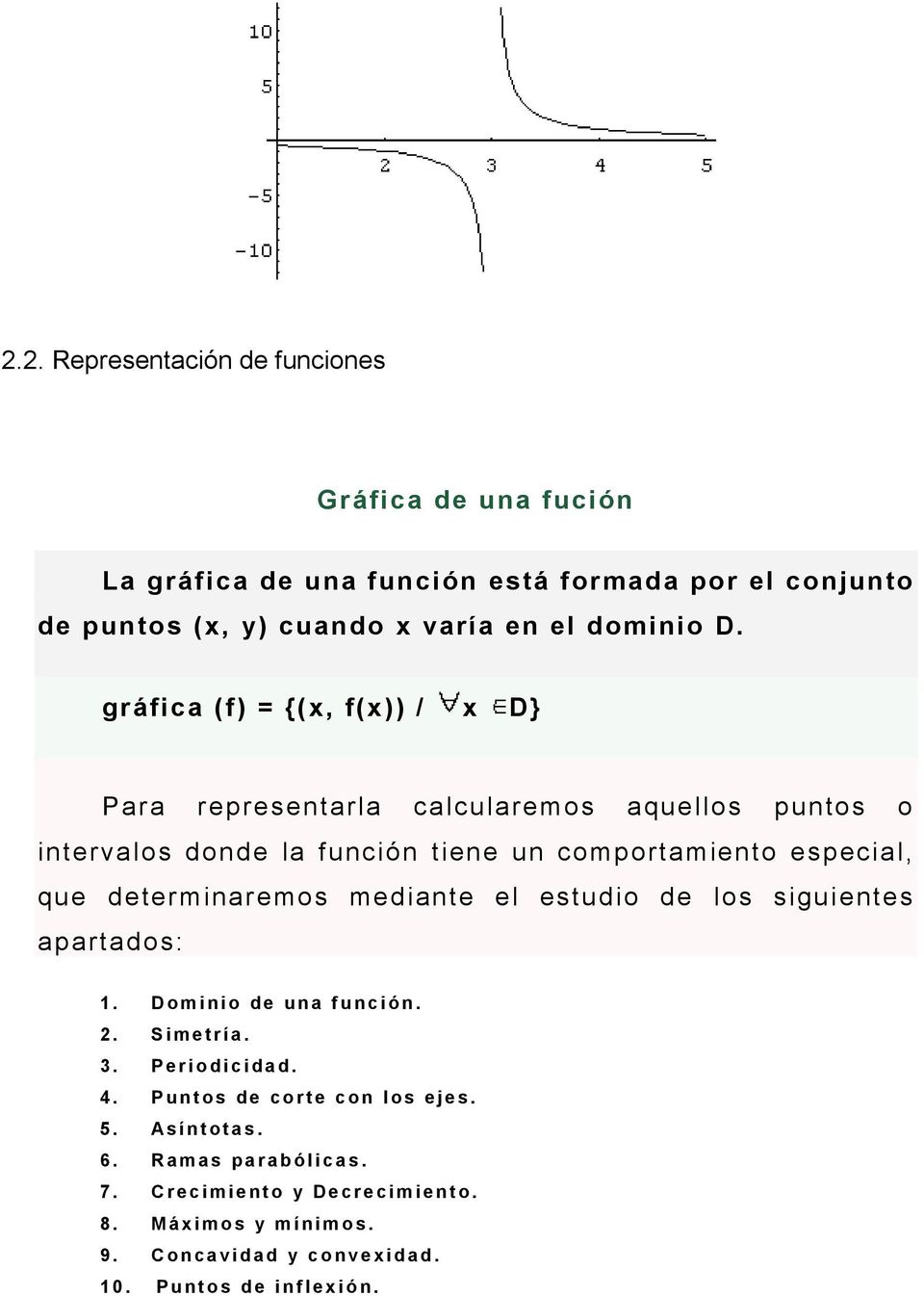 gráfica (f) {(, f()) / D} Para representarla calcularemos aquellos puntos o intervalos donde la función tiene un comportamiento especial, que