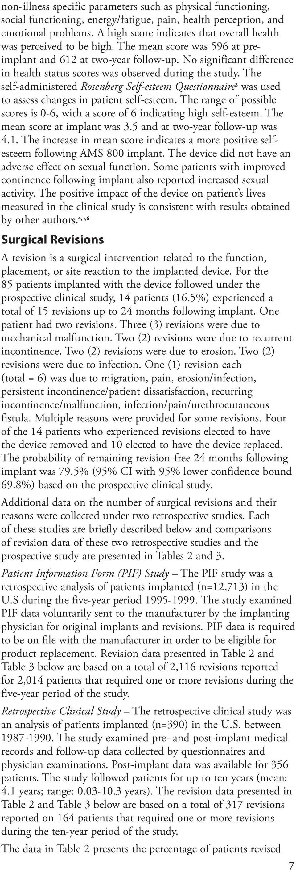 No significant difference in health status scores was observed during the study. The self-administered Rosenberg Self-esteem Questionnaire 3 was used to assess changes in patient self-esteem.