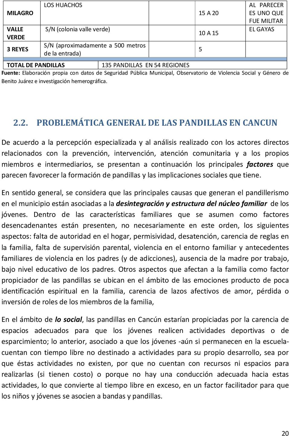 2. PROBLEMÁTICA GENERAL DE LAS PANDILLAS EN CANCUN De acuerdo a la percepción especializada y al análisis realizado con los actores directos relacionados con la prevención, intervención, atención