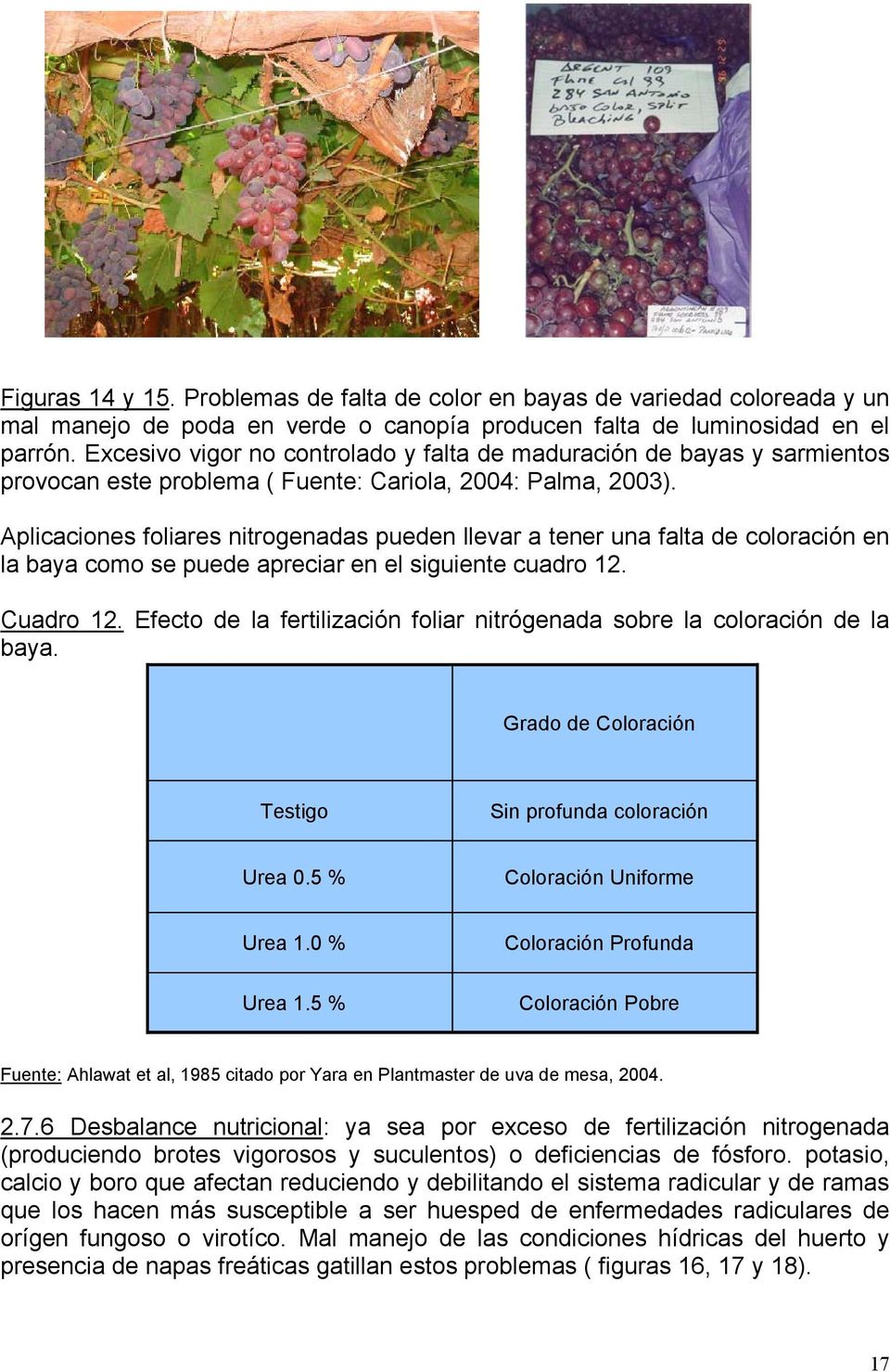 Aplicaciones foliares nitrogenadas pueden llevar a tener una falta de coloración en la baya como se puede apreciar en el siguiente cuadro 12. Cuadro 12.