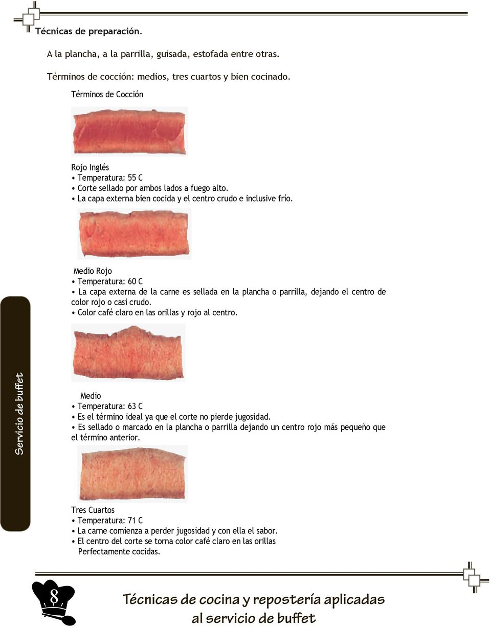 Medio Rojo Temperatura: 60 C La capa externa de la carne es sellada en la plancha o parrilla, dejando el centro de color rojo o casi crudo. Color café claro en las orillas y rojo al centro.