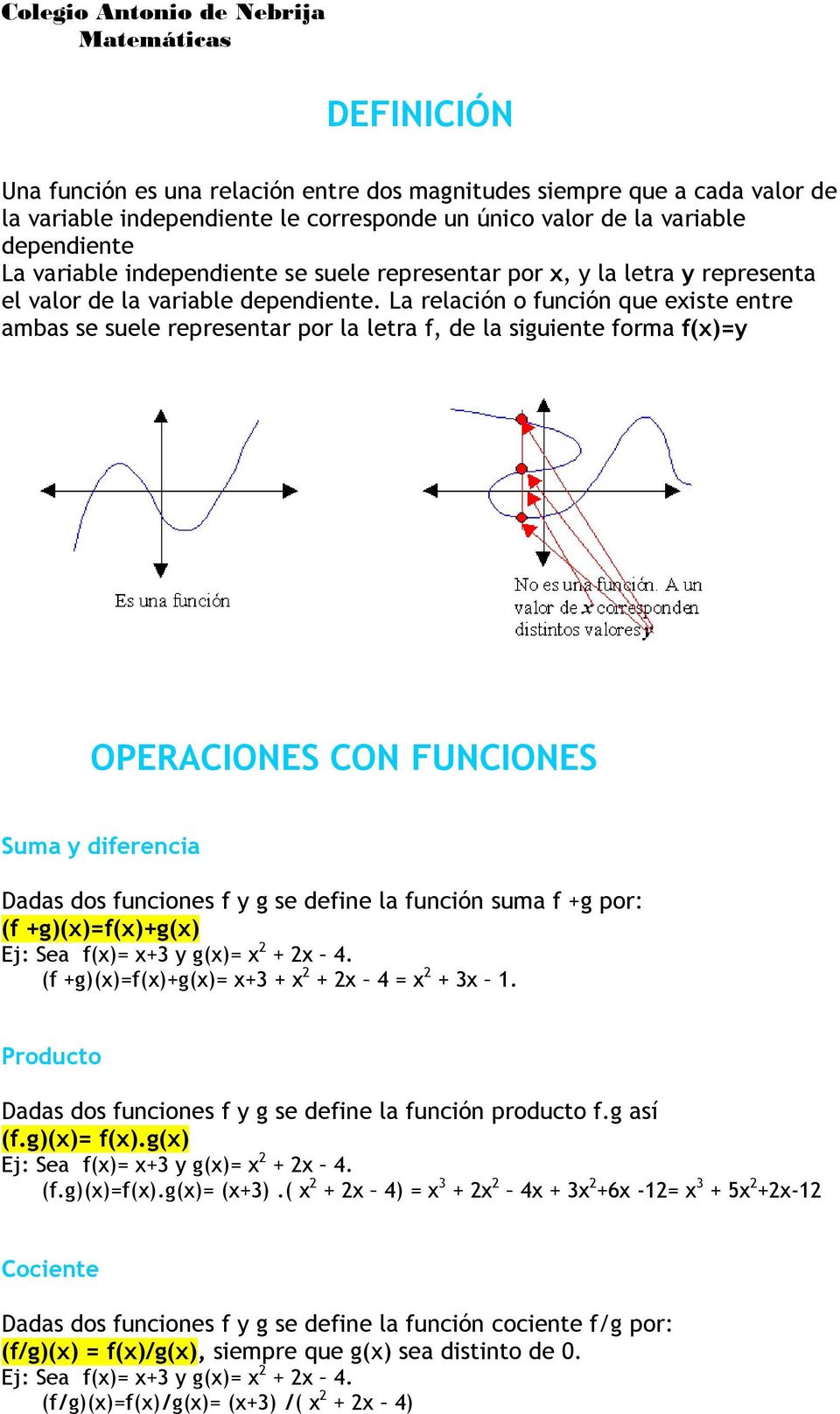 La relación o función que existe entre ambas se suele representar por la letra f, de la siguiente forma f(x)=y OPERACIONES CON FUNCIONES Suma y diferencia Dadas dos funciones f y g se define la