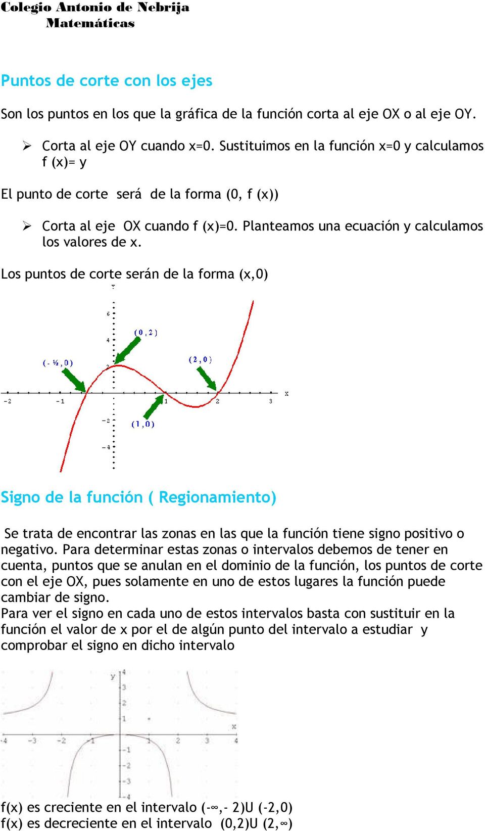 Los puntos de corte serán de la forma (x,0) Signo de la función ( Regionamiento) Se trata de encontrar las zonas en las que la función tiene signo positivo o negativo.