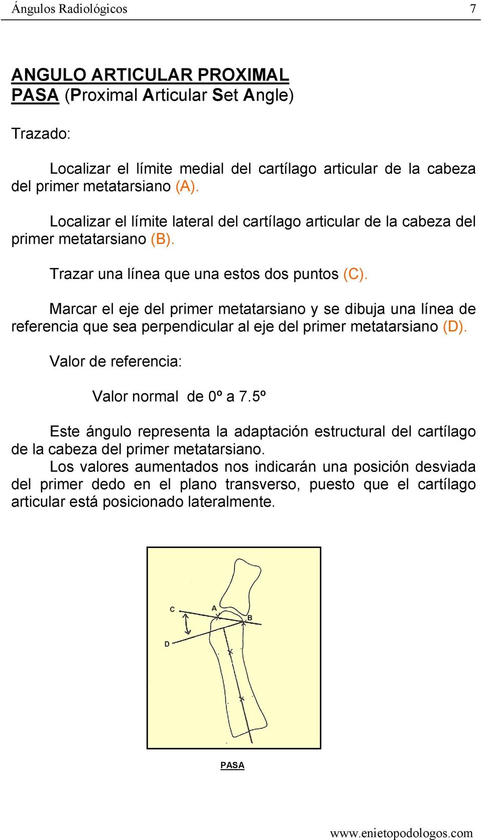 Marcar el eje del primer metatarsiano y se dibuja una línea de referencia que sea perpendicular al eje del primer metatarsiano (D). Valor normal de 0º a 7.
