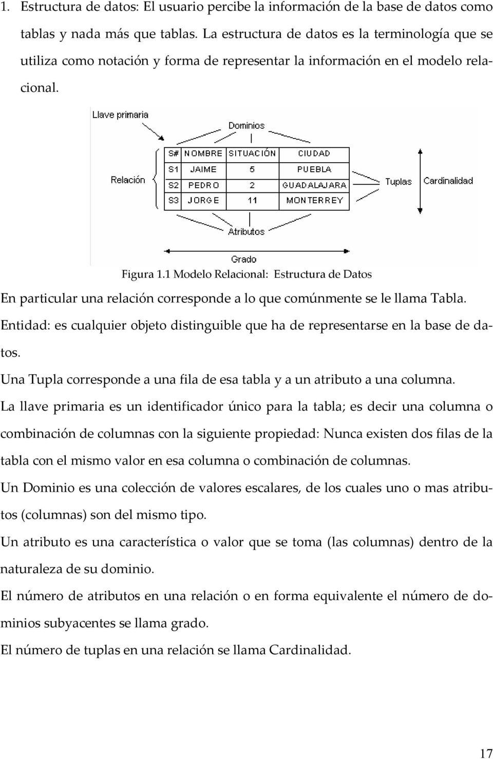 1 Modelo Relacional: Estructura de Datos En particular una relación corresponde a lo que comúnmente se le llama Tabla.