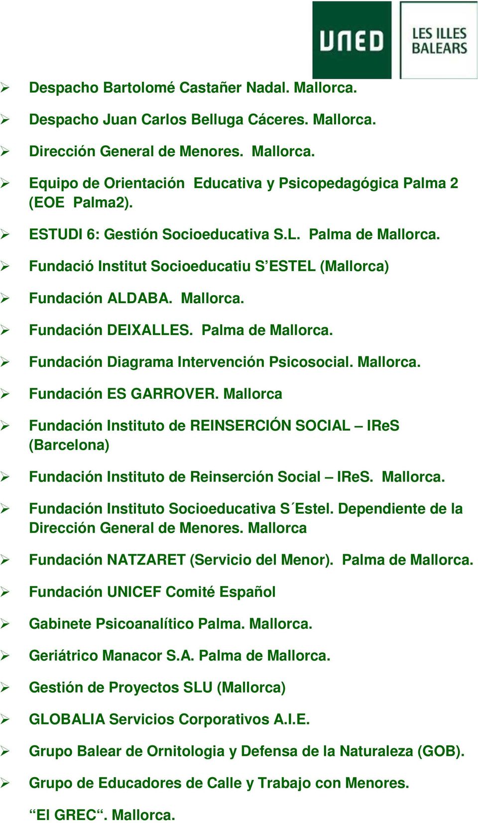 Fundación ES GARROVER. Mallorca Fundación Instituto de REINSERCIÓN SOCIAL IReS (Barcelona) Fundación Instituto de Reinserción Social IReS. Fundación Instituto Socioeducativa S Estel.