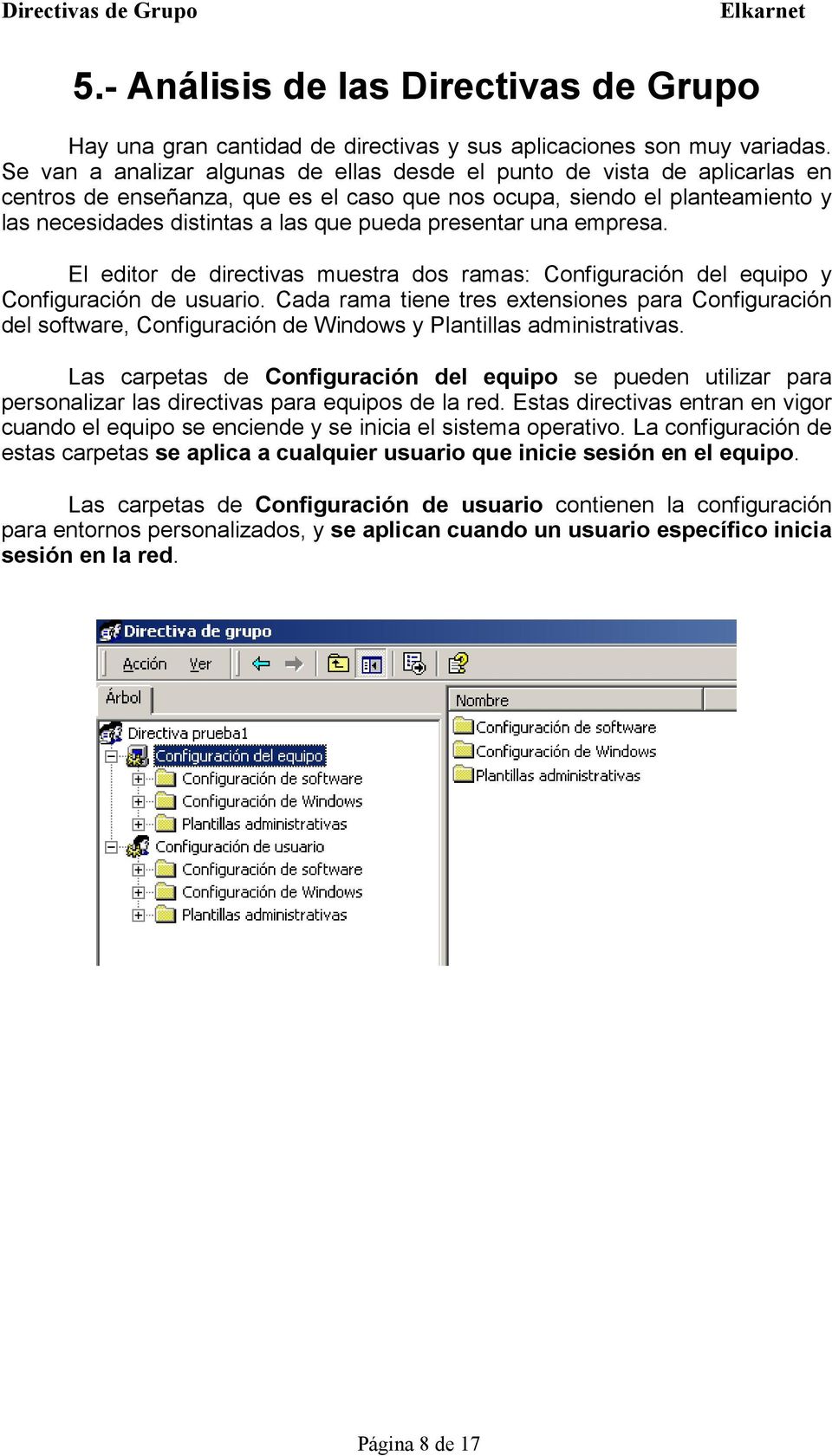 presentar una empresa. El editor de directivas muestra dos ramas: Configuración del equipo y Configuración de usuario.