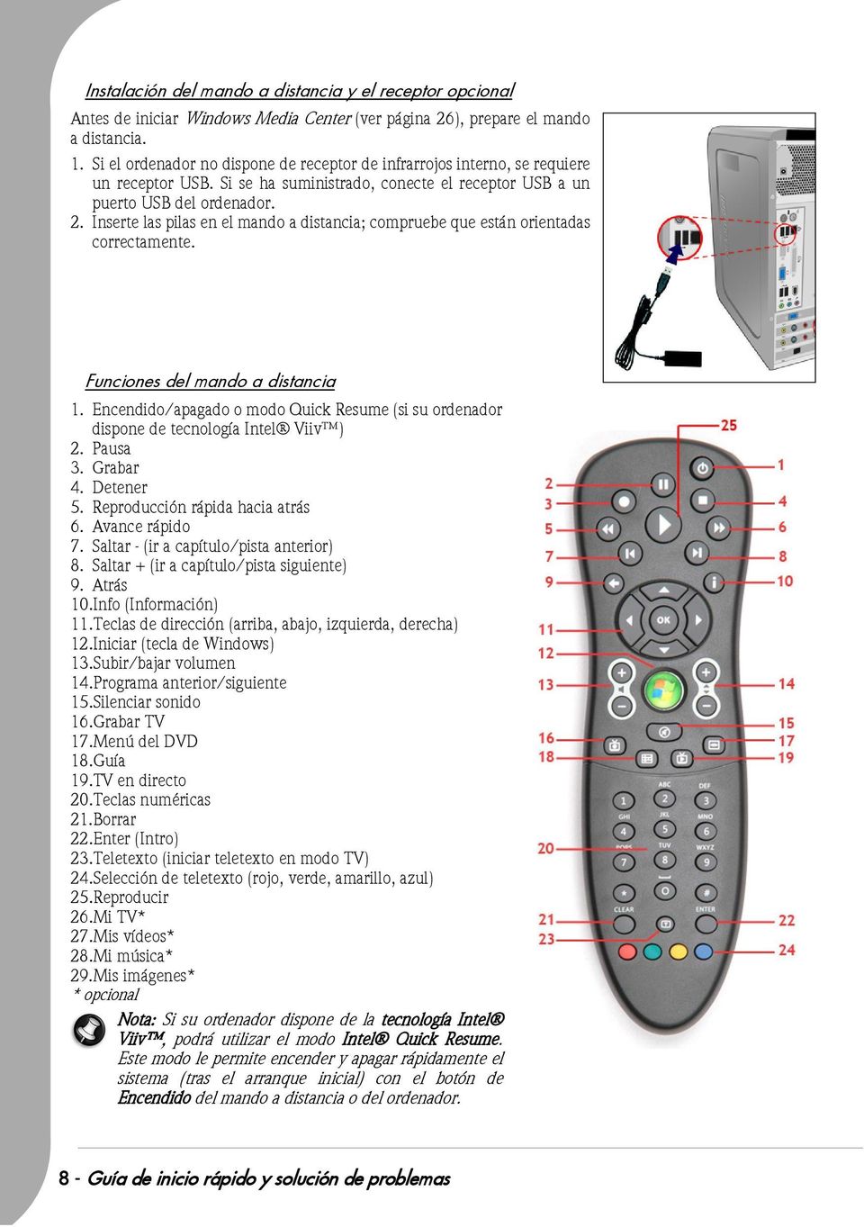 Inserte las pilas en el mando a distancia; compruebe que están orientadas correctamente. Funciones del mando a distancia 1.