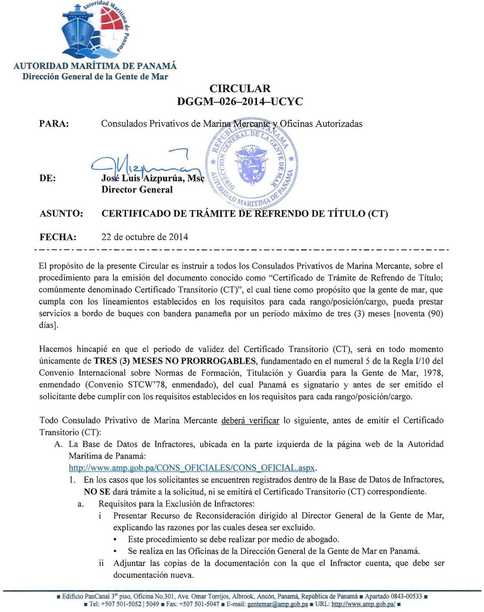 todos los Consulados Privativos de Marina Mercante, sobre el procedimiento para la emisión del documento conocido como "Certificado de Trámite de Refrendo de Título; comúnmente denominado Certificado