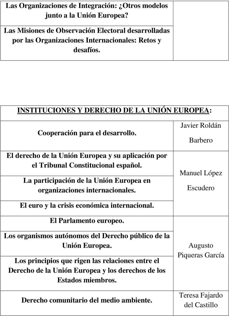 La participación de la Unión Europea en organizaciones internacionales. Javier Roldán Barbero Manuel López Escudero El euro y la crisis económica internacional. El Parlamento europeo.