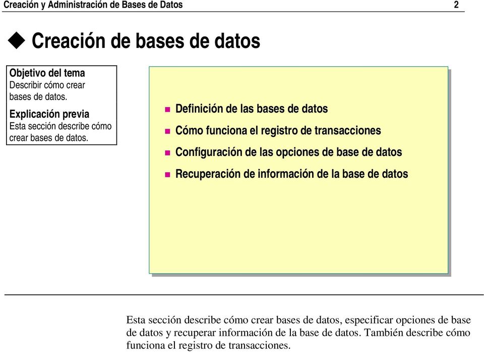 Definición de las bases de datos Cómo funciona el registro de transacciones Configuración de las opciones de base de datos