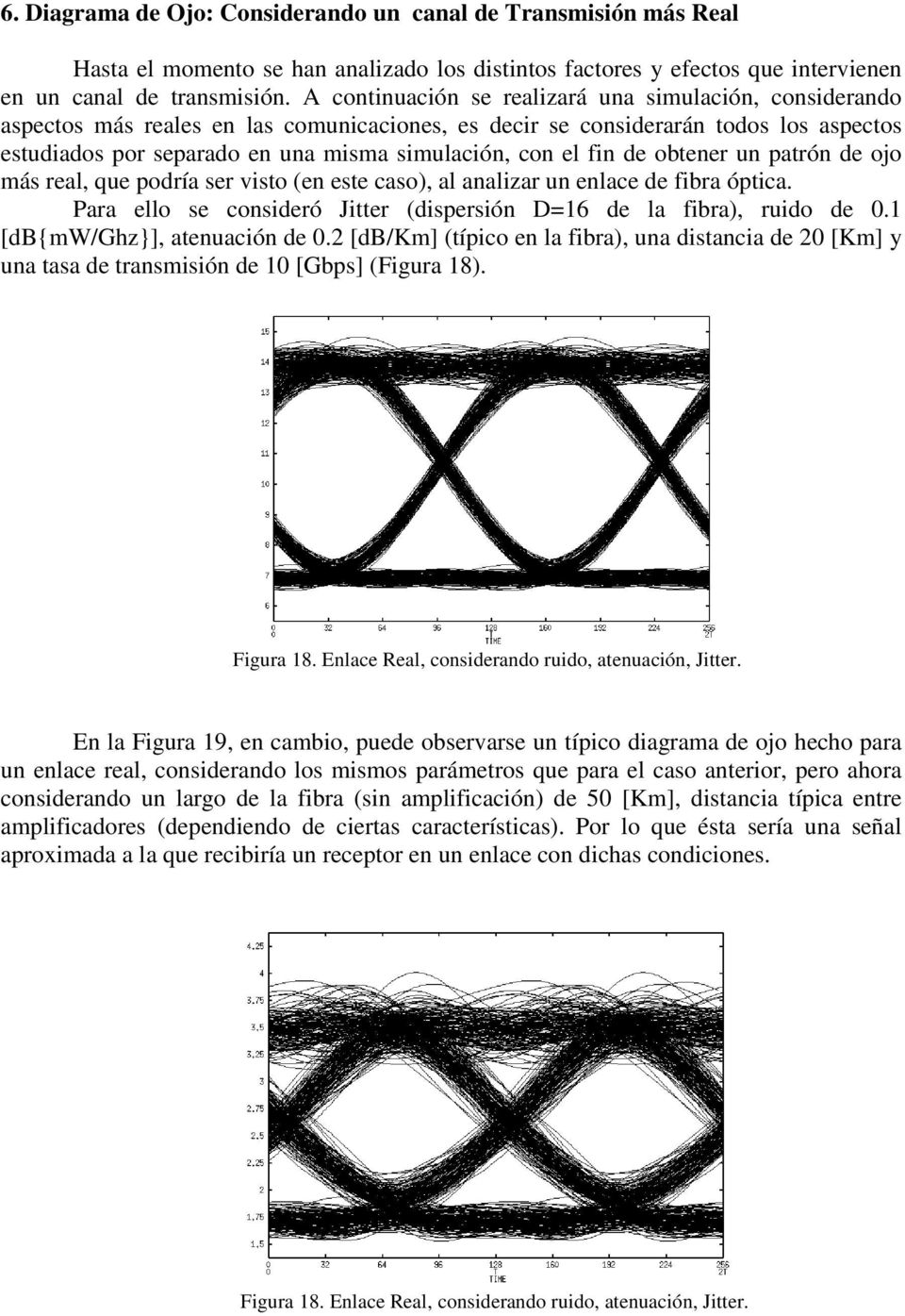fin de obtener un patrón de ojo más real, que podría ser visto (en este caso), al analizar un enlace de fibra óptica. Para ello se consideró Jitter (dispersión D=16 de la fibra), ruido de 0.
