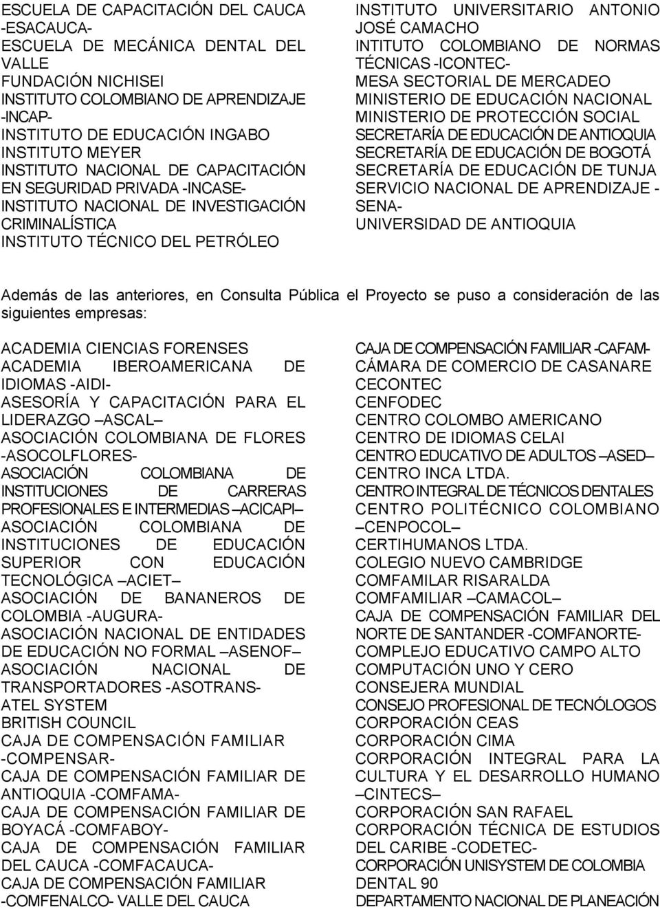 INTITUTO COLOMBIANO DE NORMAS TÉCNICAS -ICONTEC- MESA SECTORIAL DE MERCADEO MINISTERIO DE EDUCACIÓN NACIONAL MINISTERIO DE PROTECCIÓN SOCIAL SECRETARÍA DE EDUCACIÓN DE ANTIOQUIA SECRETARÍA DE