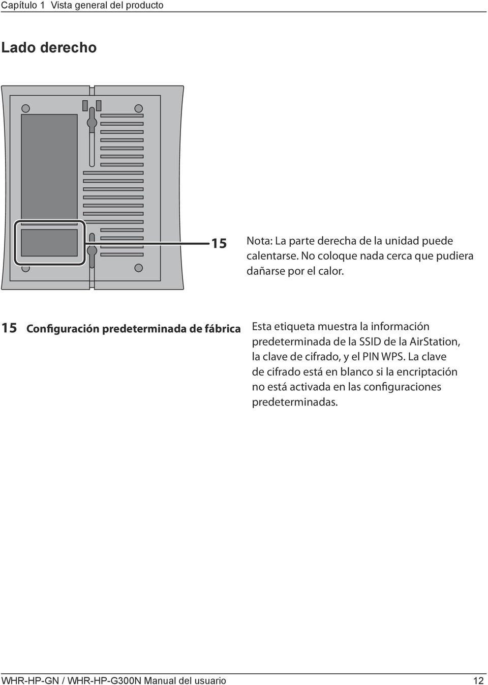 15 Configuración predeterminada de fábrica Esta etiqueta muestra la información predeterminada de la SSID de la