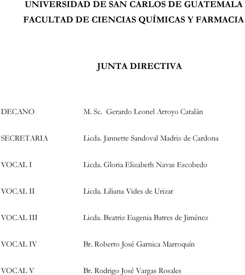 Jannette Sandoval Madriz de Cardona VOCAL I Licda. Gloria Elizabeth Navas Escobedo VOCAL II Licda.