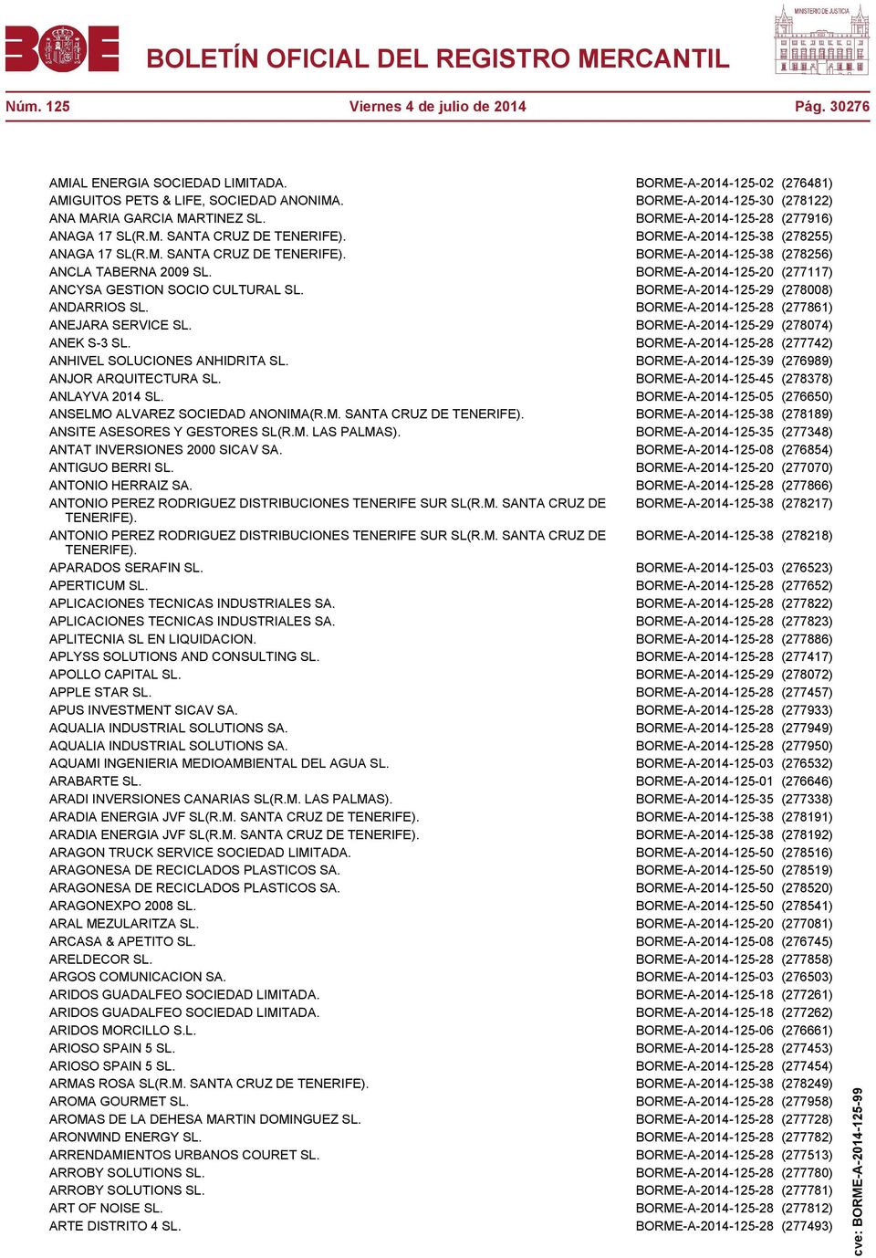BORME-A-2014-125-20 (277117) ANCYSA GESTION SOCIO CULTURAL SL. BORME-A-2014-125-29 (278008) ANDARRIOS SL. BORME-A-2014-125-28 (277861) ANEJARA SERVICE SL. BORME-A-2014-125-29 (278074) ANEK S-3 SL.
