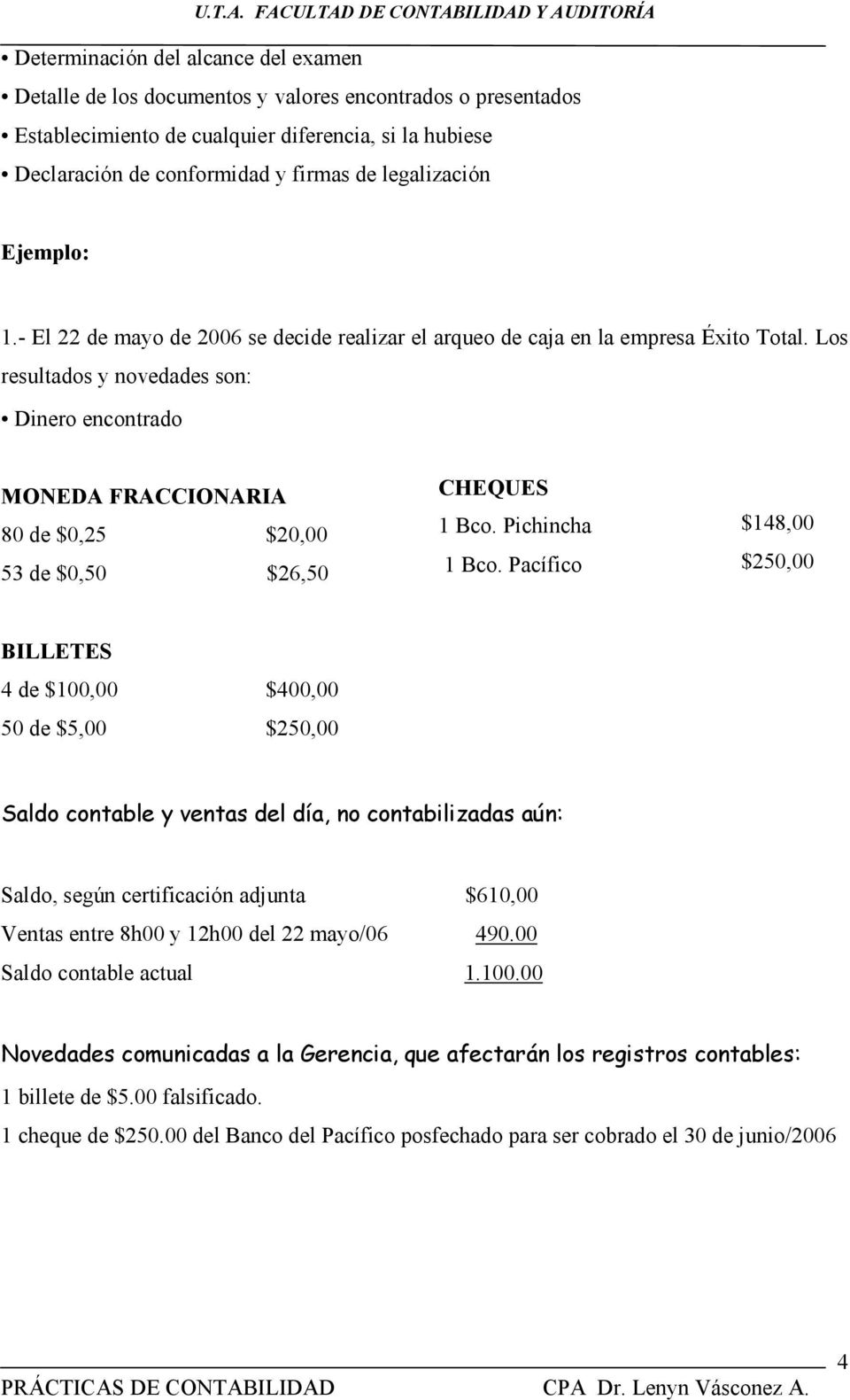 Los resultados y novedades son: Dinero encontrado MO EDA FRACCIO ARIA 80 de $0,25 $20,00 53 de $0,50 $26,50 CHEQUES 1 Bco. Pichincha 1 Bco.