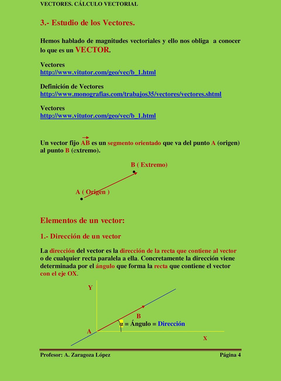 html Un vector fijo AB es un segmento orientado que va del punto A (origen) al punto B (extremo). B ( Extremo) A ( Origen ) Elementos de un vector: 1.