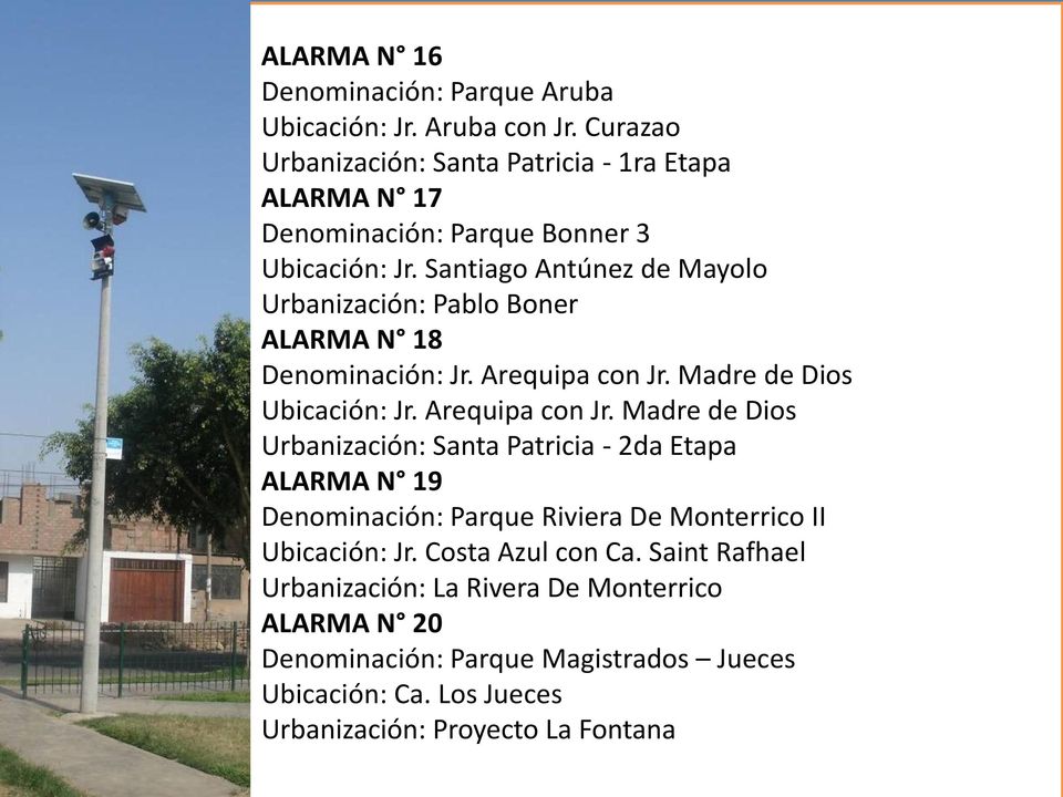 Santiago Antúnez de Mayolo Urbanización: Pablo Boner ALARMA N 18 Denominación: Jr. Arequipa con Jr.