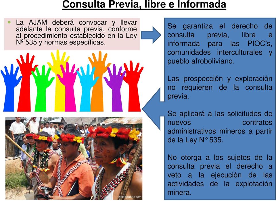 Se garantiza el derecho de consulta previa, libre e informada para las PIOC s, comunidades interculturales y pueblo afroboliviano.