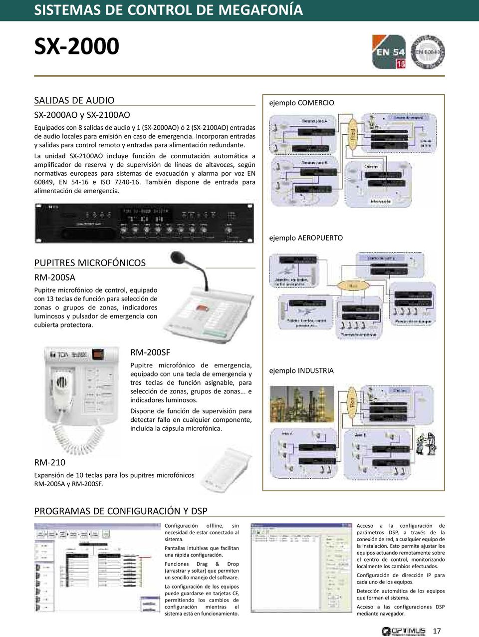 La unidad SX-2100AO incluye función de conmutación automática a amplificador de reserva y de supervisión de líneas de altavoces, según normativas europeas para sistemas de evacuación y alarma por voz