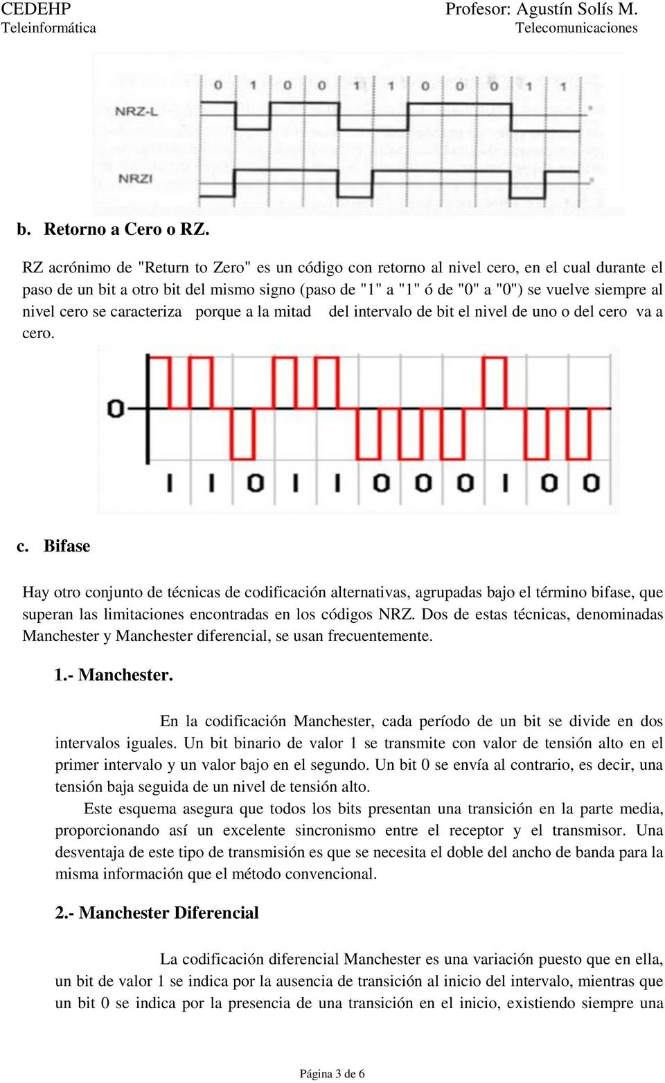 cero se caracteriza porque a la mitad del intervalo de bit el nivel de uno o del cero va a cero. c. Bifase Hay otro conjunto de técnicas de codificación alternativas, agrupadas bajo el término bifase, que superan las limitaciones encontradas en los códigos NRZ.