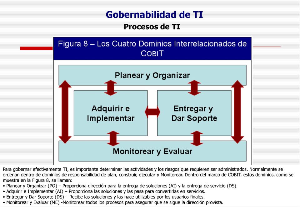 Dentro del marco de COBIT, estos dominios, como se muestra en la Figura 8, se llaman: Planear y Organizar (PO) Proporciona dirección para la entrega de soluciones (AI) y la entrega de