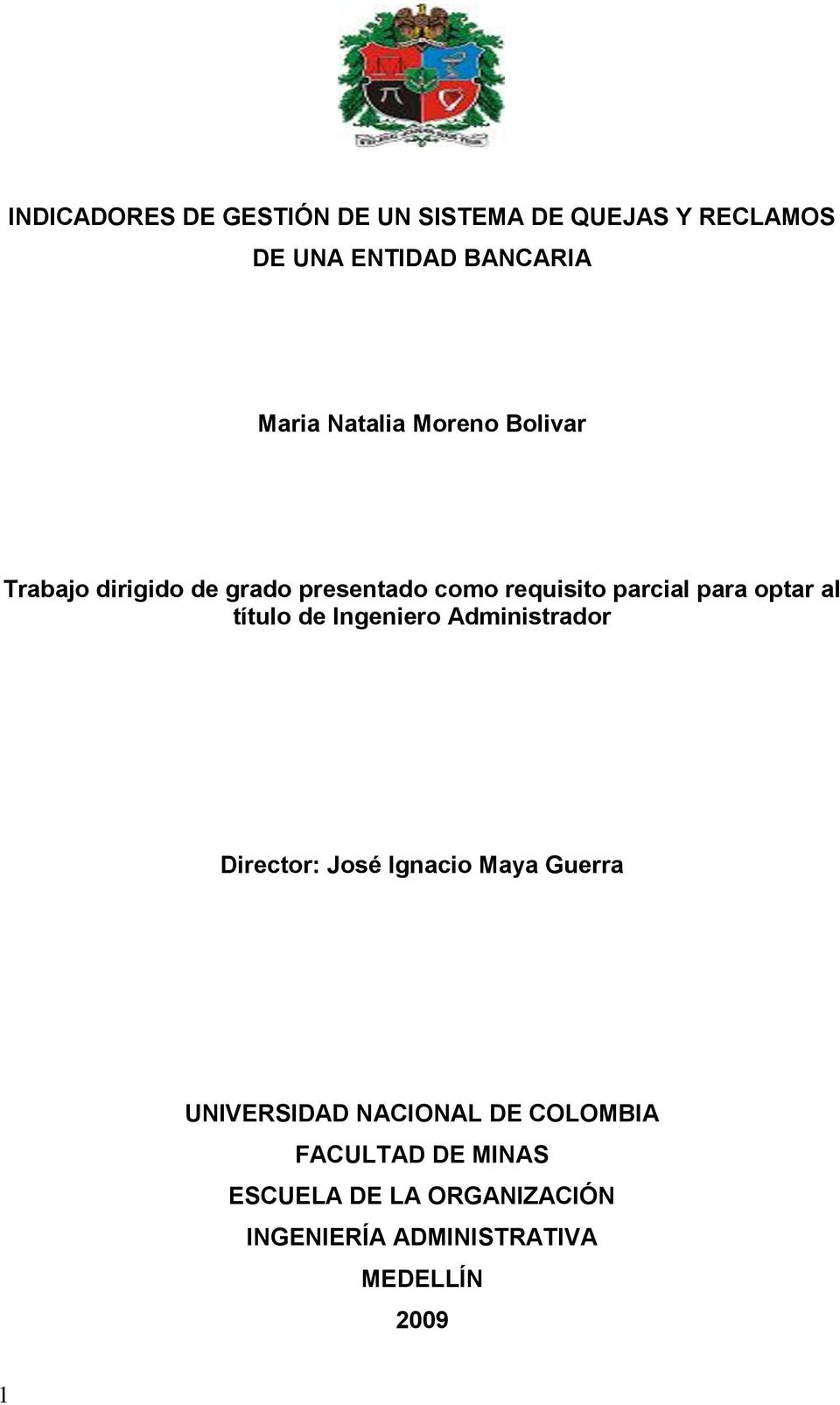 al título de Ingeniero Administrador Director: José Ignacio Maya Guerra UNIVERSIDAD NACIONAL
