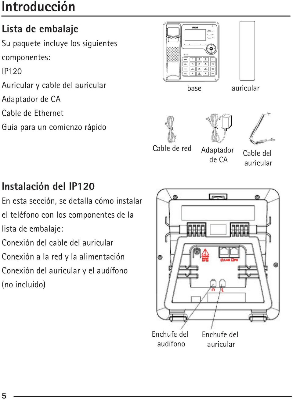IP120 En esta sección, se detalla cómo instalar el teléfono con los componentes de la lista de embalaje: Conexión del cable del