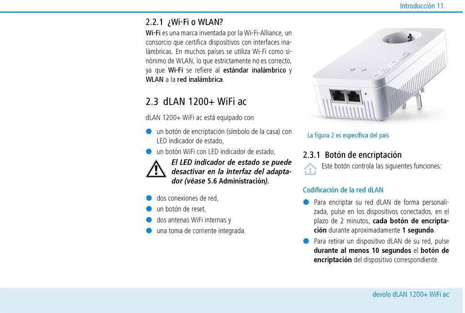 3 dlan 1200+ WiFi ac dlan 1200+ WiFi ac está equipado con un botón de encriptación (símbolo de la casa) con LED indicador de estado, un botón WiFi con LED indicador de estado, El LED indicador de