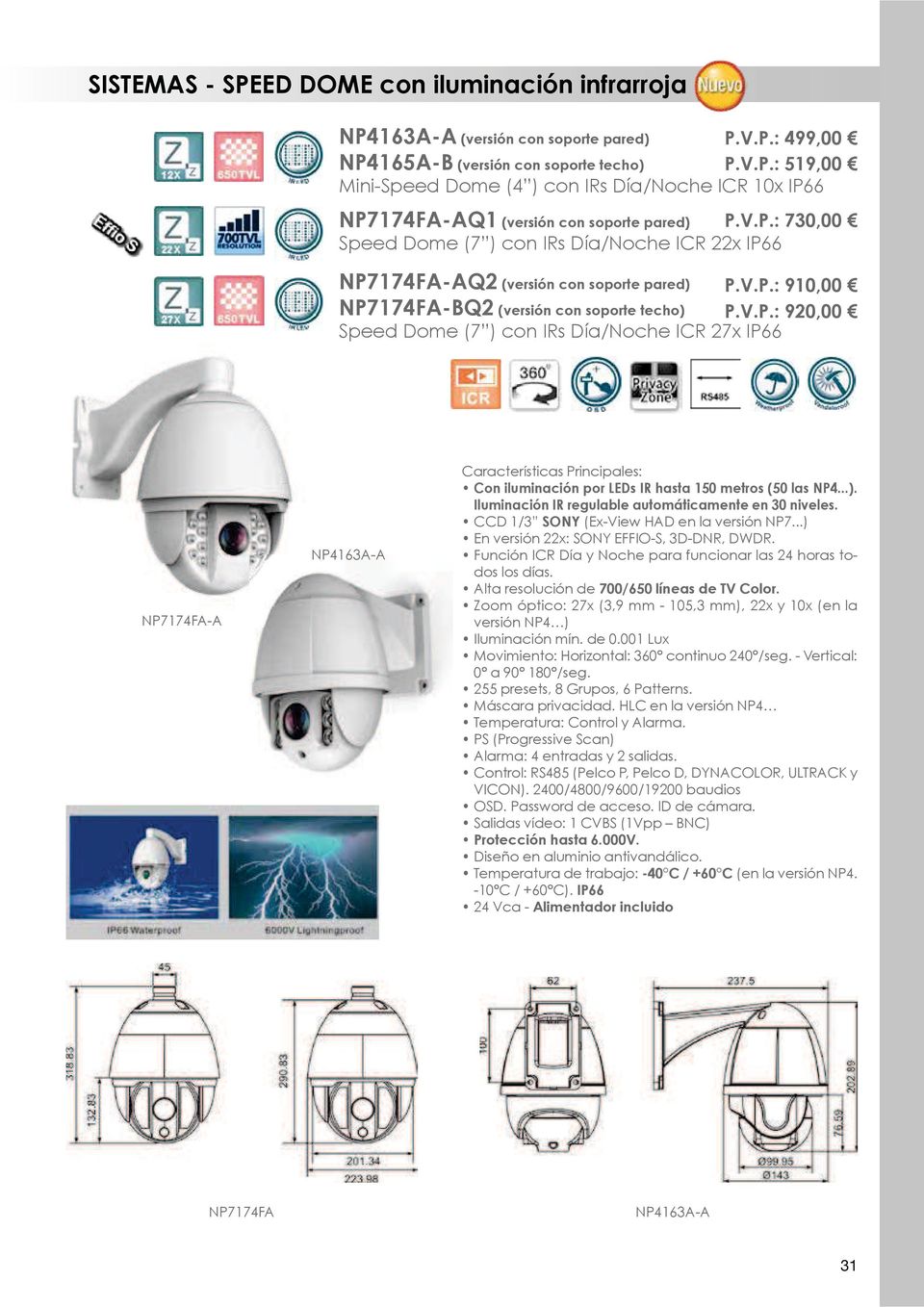 ..). Iluminación IR regulable automáticamente en 30 niveles. CCD 1/3 SONY (Ex-View HAD en la versión NP7...) En versión 22x: SONY EFFIO-S, 3D-DNR, DWDR.