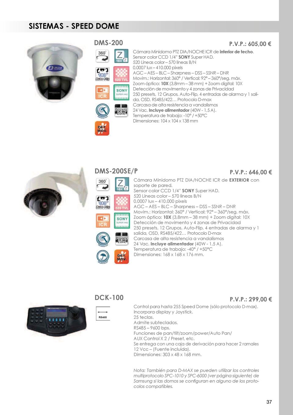 Zoom óptico: 10X (3,8mm 38 mm) + Zoom digital: 10X Detección de movimento y 4 zonas de Privacidad 250 presets, 12 Grupos, Auto-Flip, 4 entradas de alarma y 1 salida, OSD, RS485/422 Protocolo D-max