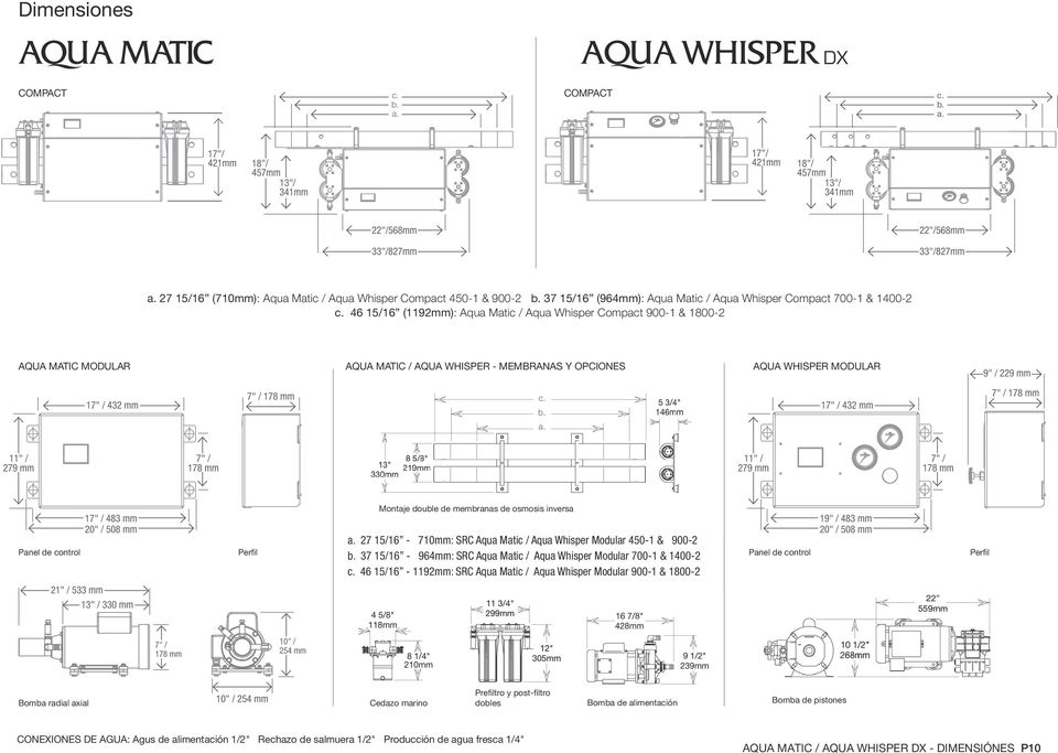 46 15/16 (1192mm): Aqua Matic / Aqua Whisper Compact 900-1 & 1800-2 AQUA MATIC MODULAR AQUA MATIC / AQUA WHISPER - MEMBRANAS Y OPCIONES AQUA WHISPER MODULAR 9" / 229 mm 17" / 432 mm 7" / 178 mm c. b.