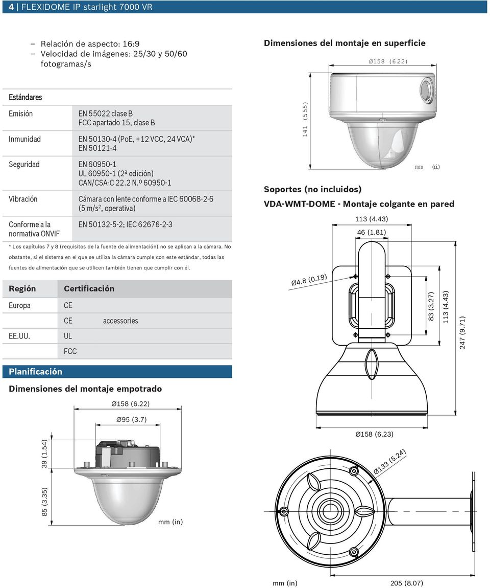 º 60950-1 Vibración Cámara con lente conforme a IEC 60068-2-6 (5 m/s 2, operativa) Conforme a la normativa ONVIF EN 50132-5-2; IEC 62676-2-3 mm (in) Soportes (no inclidos) VDA-WMT-DOME - Montaje