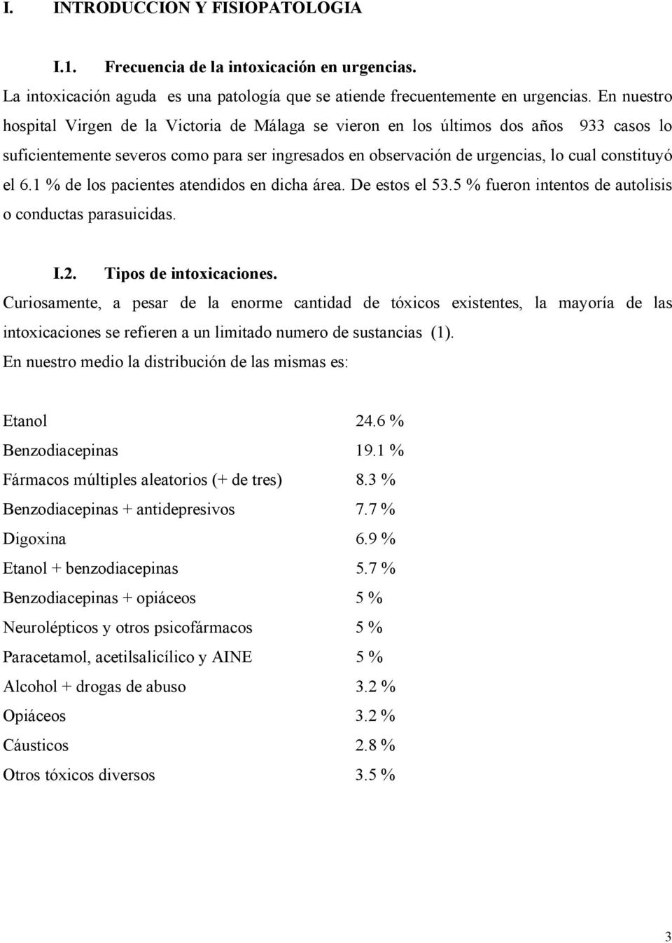 6.1 % de los pacientes atendidos en dicha área. De estos el 53.5 % fueron intentos de autolisis o conductas parasuicidas. I.2. Tipos de intoxicaciones.