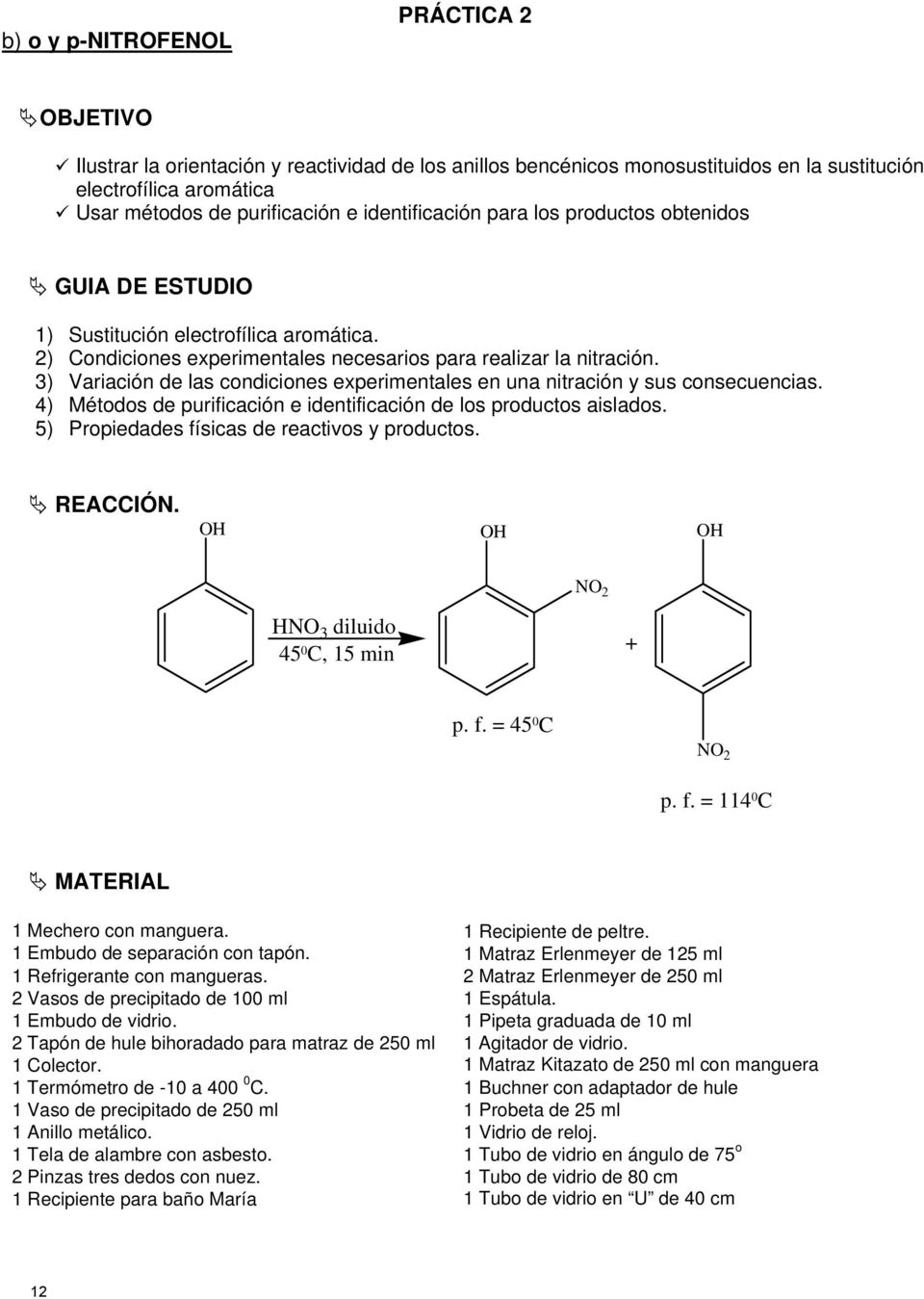 3) Variación de las condiciones experimentales en una nitración y sus consecuencias. 4) Métodos de purificación e identificación de los productos aislados.