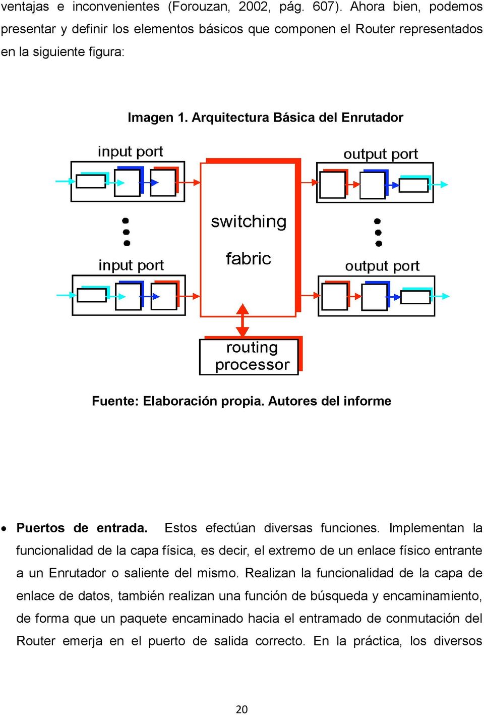 Arquitectura Básica del Enrutador Fuente: Elaboración propia. Autores del informe Puertos de entrada. Estos efectúan diversas funciones.