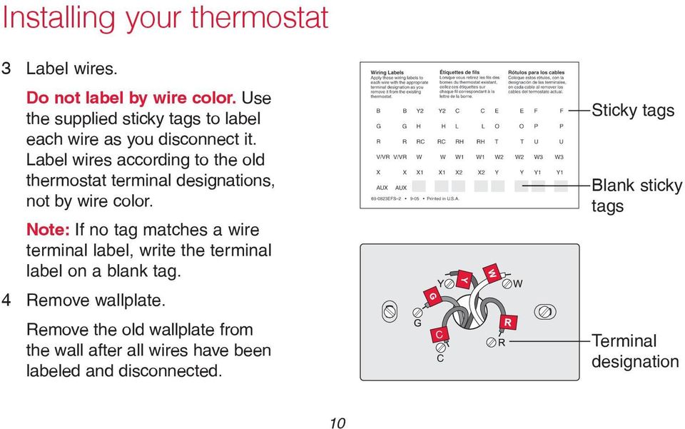 Label wires according to the old thermostat terminal designations, not by wire color.