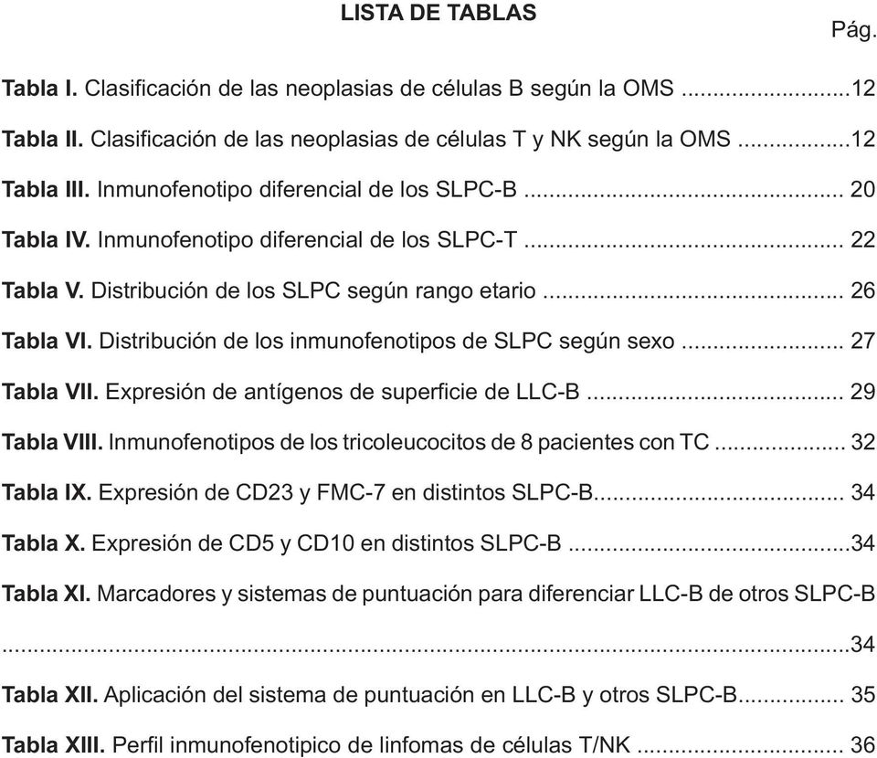 Distribución de los inmunofenotipos de SLPC según sexo... 27 Tabla VII. Expresión de antígenos de superficie de LLC-B... 29 Tabla VIII. Inmunofenotipos de los tricoleucocitos de 8 pacientes con TC.