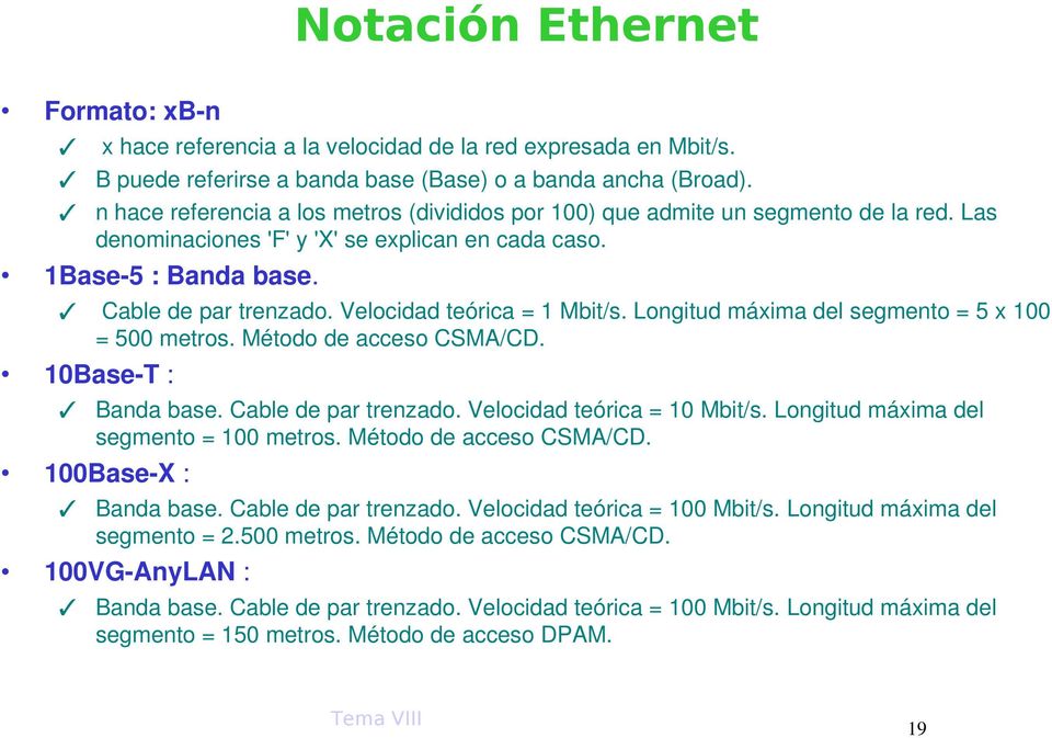Velocidad teórica = 1 Mbit/s. Longitud máxima del segmento = 5 x 100 = 500 metros. Método de acceso CSMA/CD. 10Base T : Banda base. Cable de par trenzado. Velocidad teórica = 10 Mbit/s.