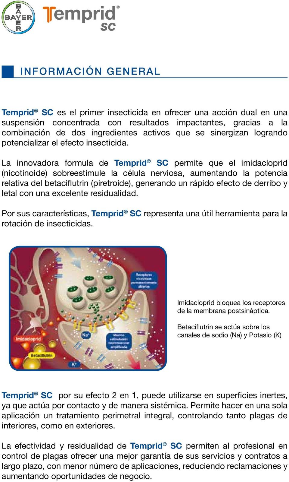 La innovadora formula de Temprid SC permite que el imidacloprid (nicotinoide) sobreestimule la célula nerviosa, aumentando la potencia relativa del betaciflutrin (piretroide), generando un rápido